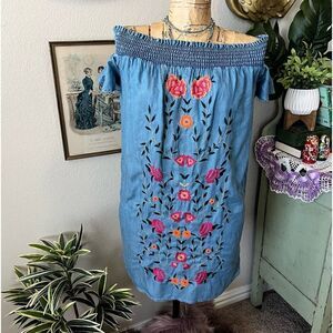 Miami Blue Tencel Chambray Colorful Floral‎ Embroidery Off Shoulder Dress S Boho